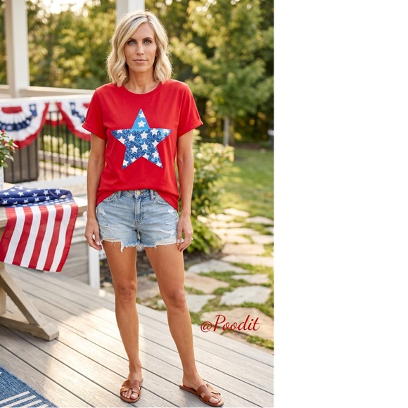 Tops - POODIT red loose soft sequin star patriotic tee S M L XL